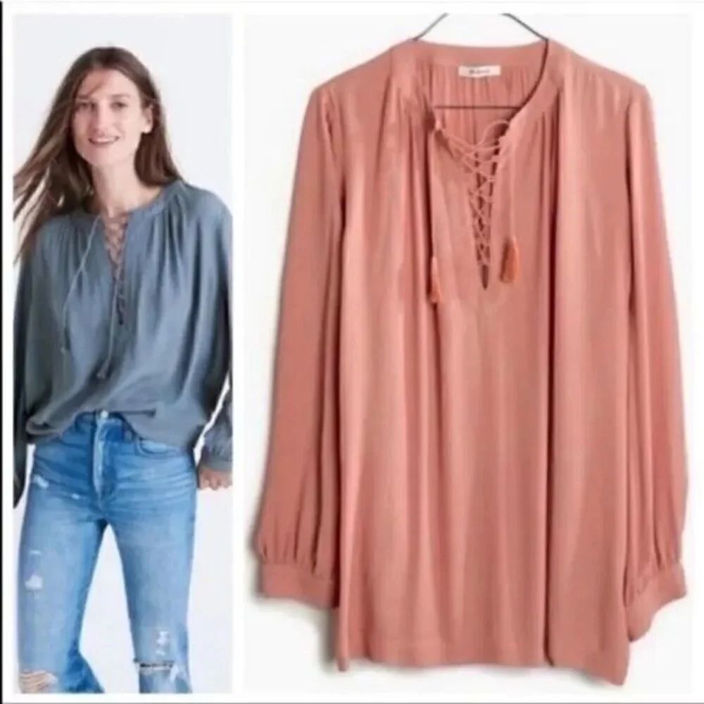 Madewell Lace Up Peasant Long Sleeve Top Dusty Rose Pink Womens Size Small